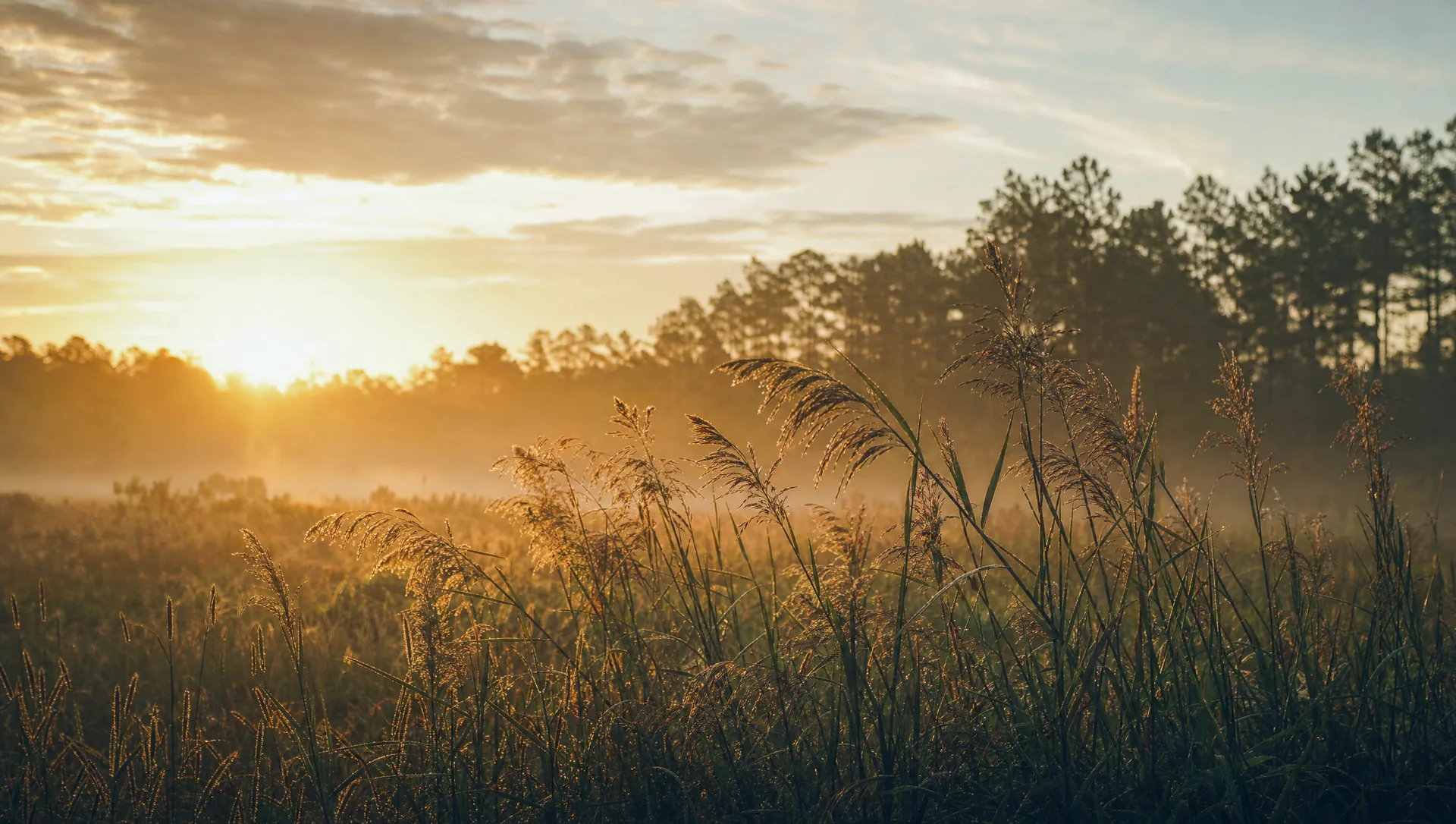 Backlit meadow grasses with a misty treeline