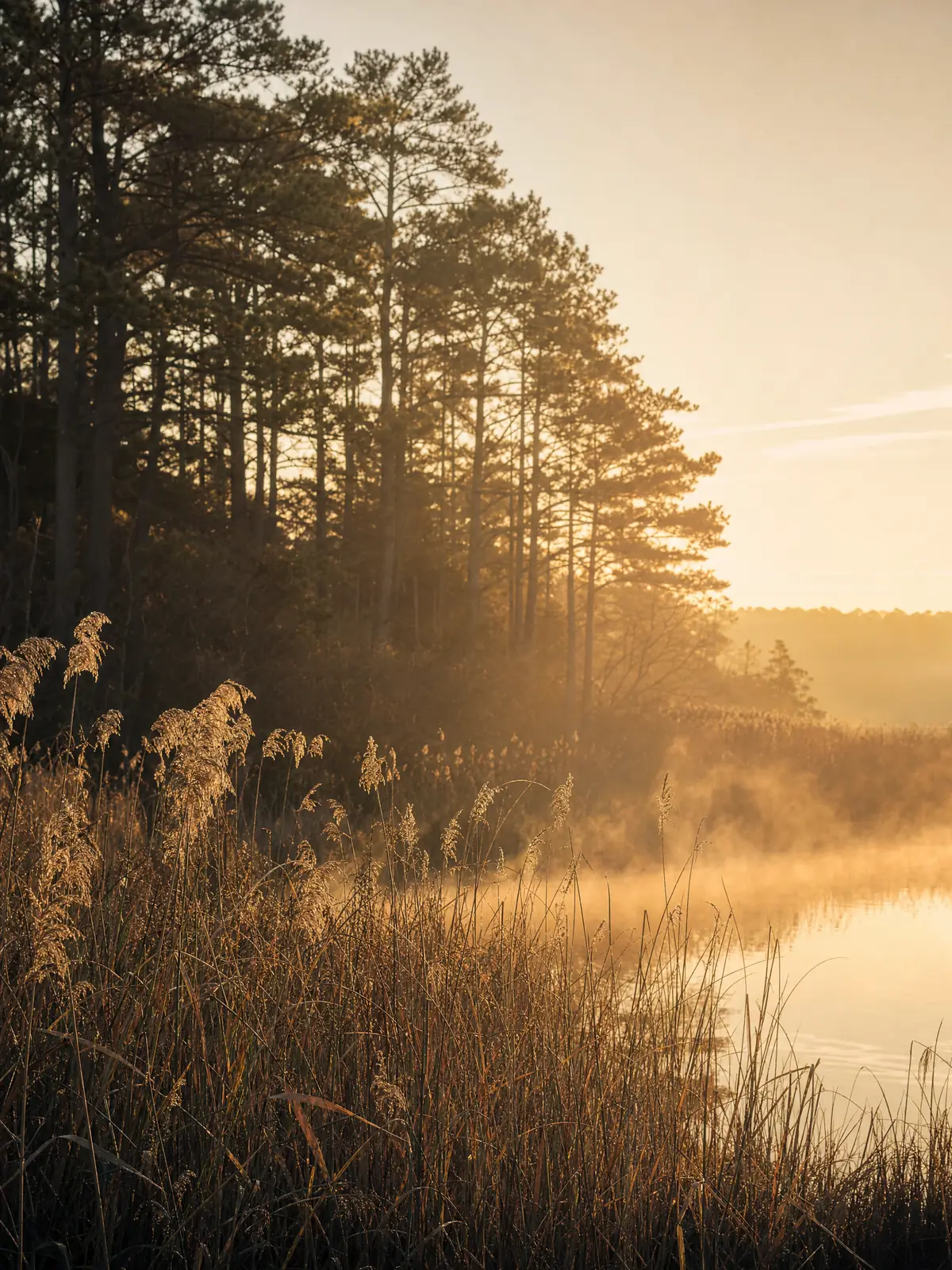 Warm sunlight across a reed bed at the water's edge