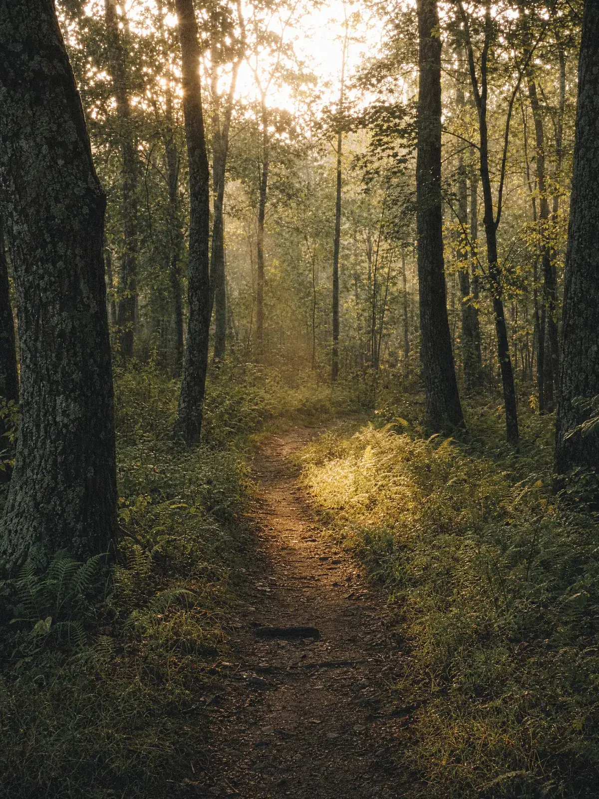 A woodland path curving into morning light