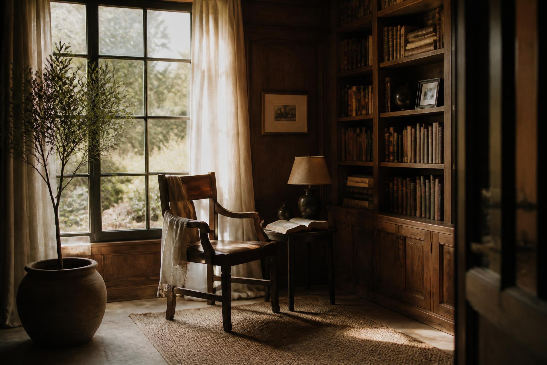 A wooden chair by a window in a quiet study lined with bookshelves
