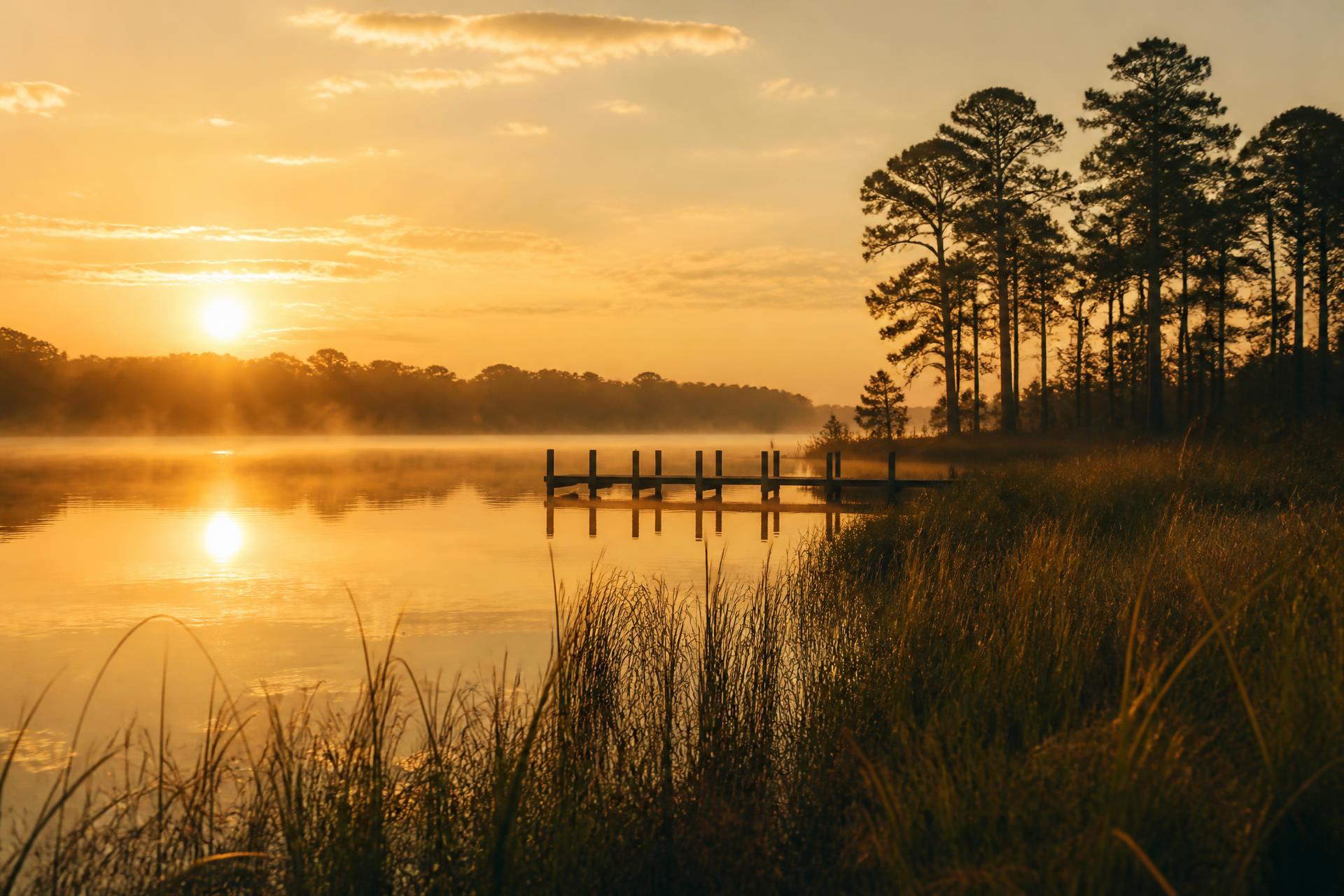 Sunrise over a calm lake with a small wooden dock and a pine treeline