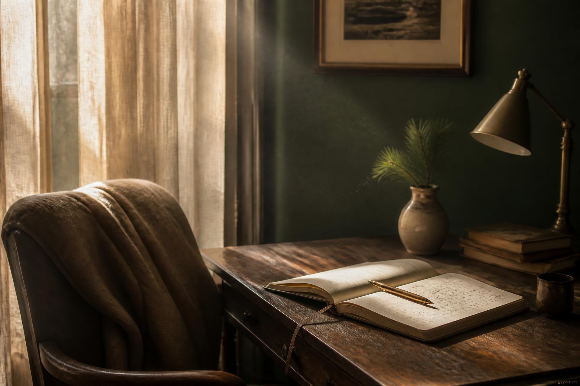 An open notebook and pen on a wooden desk beside a sunlit window