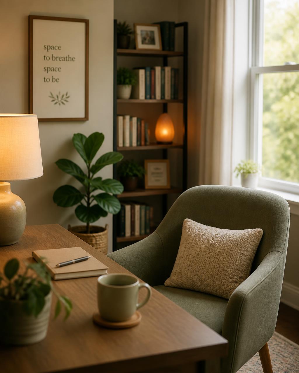 A quiet room with a green armchair, a bookshelf and a desk by the window