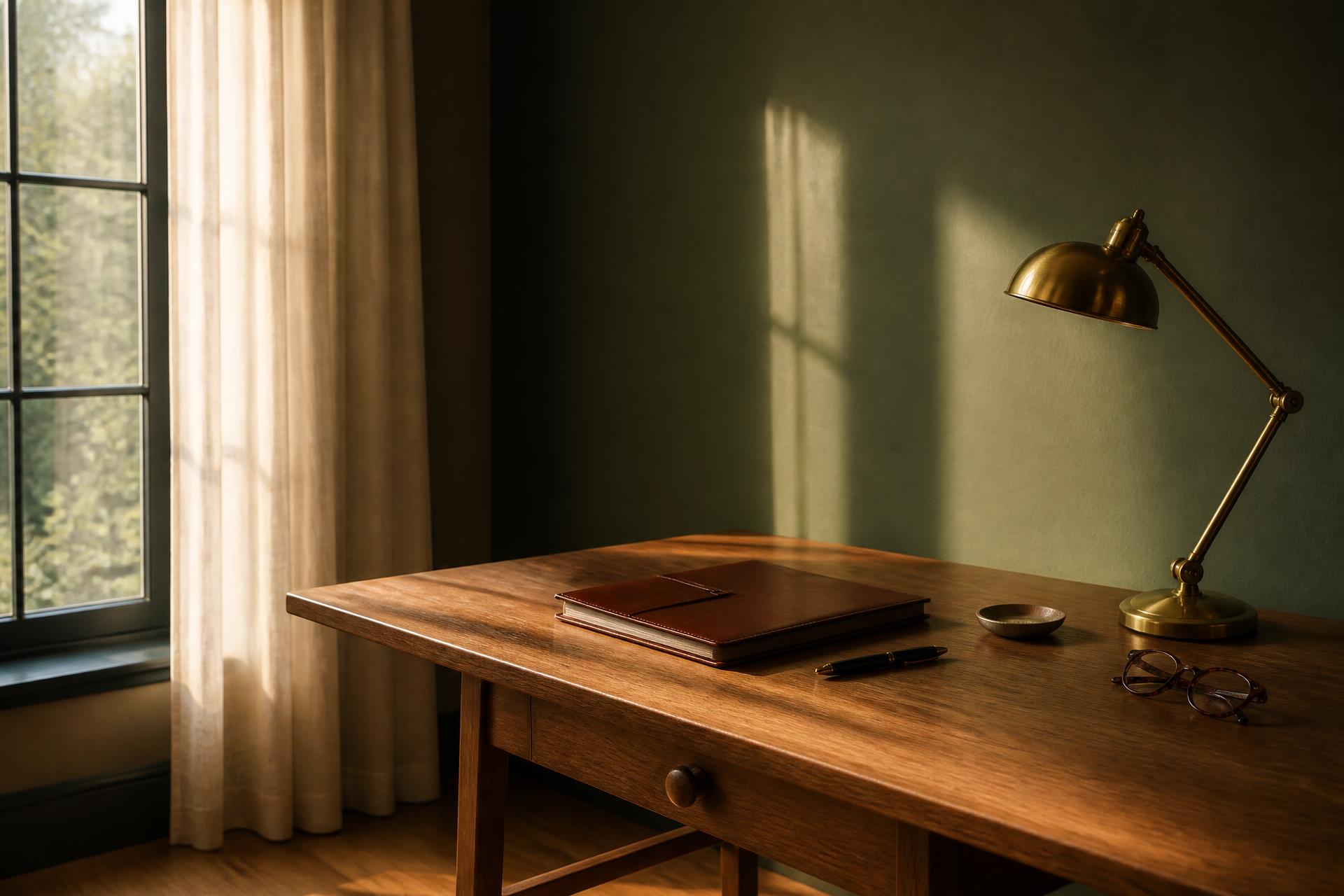 A wooden desk with a brass lamp, a closed notebook and reading glasses