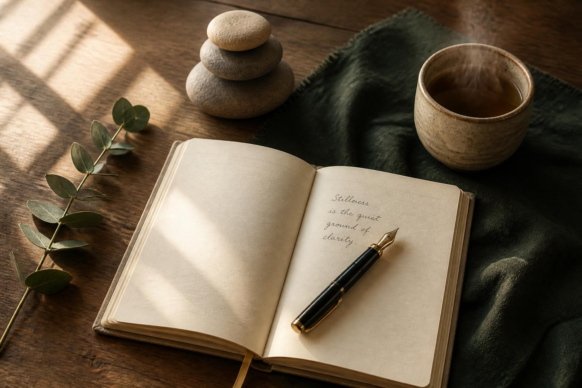 An open notebook with a fountain pen, stacked stones and a cup of tea